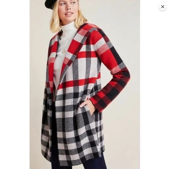 Anthropologie Field Flower Cressida Wool Sweater Jacket S Plaid Hood Fall Retro - Picture 2 of 12